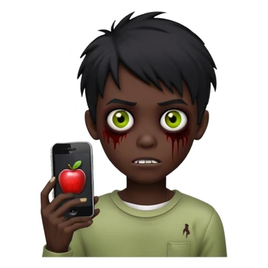 creepy boy zombie, human-like, black emo hair, black eyes, dark skin, Apple iPhone emoji style sticker