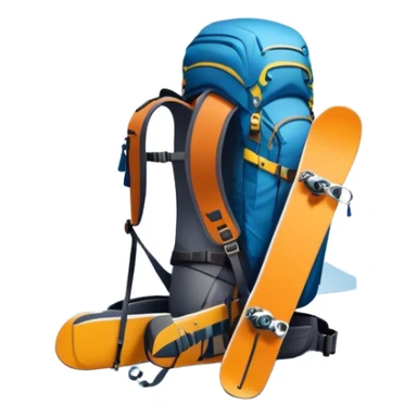 Icon for Mountain Tourism: a snow-covered peak in the distance, with skis, a snowboard, climbing gear, a backpack, and a camera. The icon should represent the adventure and exploration of mountain landscapes. Transparent background. sticker