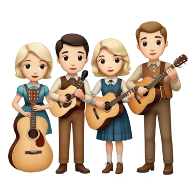 Icon for Country Music: The Carter Family—Alvin, Ezra, Sara, and Maybelle Carter—grouped together with a vintage microphone, acoustic guitars, and Appalachian folk aesthetics. A warm, nostalgic atmosphere represents their influence on country music. Transparent background. sticker