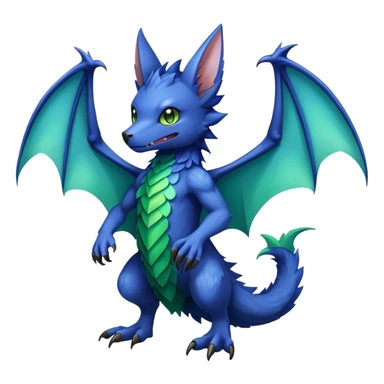 Cute cool fantasy animal hybrid bat-Sergal-Digimon-Fakemon full body, green scales, brown eyes, blue feathers sticker