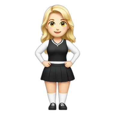 Front view full body curvy caucasian beauty sitting straight hands up black skirt white knickers white socks sticker