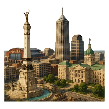 cinematic realistic emoji of Indianapolis, wide city view with iconic landmarks including Soldiers and Sailors Monument, Lucas Oil Stadium, OneAmerica Tower, Indiana State Capitol, lifelike detail, accurate colors, bright daytime lighting, no sky, no clouds, fully transparent background sticker