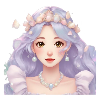 Gorgeous pastel anime style lady with blushing face and seashells tiara pearls dress necklace cottagecore fairycore pastelcore colorful pearly romantic simplistic aesthetic trending style sticker