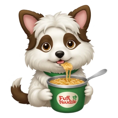a brunette white wooly dog eating a pot noodle sticker