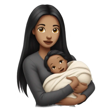 Pale girl with long black hair is holding a pale newborn baby sticker