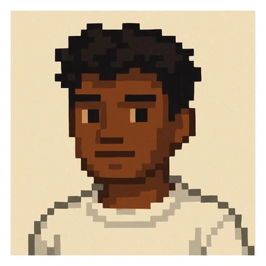 Make the boy slightly darker with tanned skin, keeping his black wavy hair, black eyes, no beard or mustache, and wearing a white sweatshirt. The style should resemble pixel art style. sticker