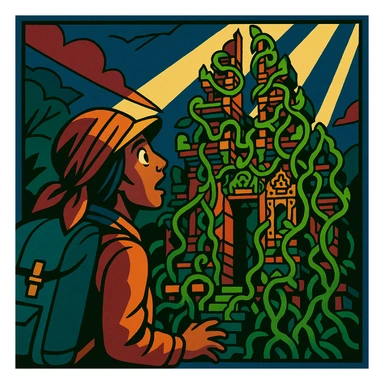 comic book panel 3: the nomad finds an ancient Balinese temple covered in vines, dramatic lighting, awe and wonder on their face, intricate details, comic book style sticker