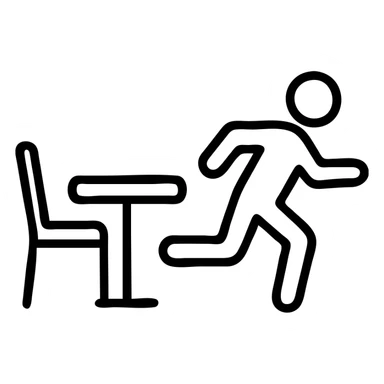 dine and dash, icon style, a restaurant table with empty chair and a running figure, simple and bold sticker