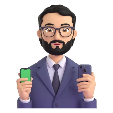 same professional man with medium black beard, neat black hair, connected unibrow, olive tan skin, brown eyes, glasses, prominent nose, dressed in formal black jacket, with mobile phone sticker