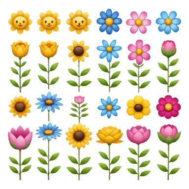 Create a set of emoji packs inspired by nature, including blooming flowers, serene landscapes, and wildlife in ultra-detailed textures sticker