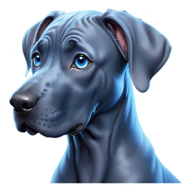 Cinematic Cute Blue Great Dane Portrait Emoji, Head tilted playfully and inquisitively, featuring a glossy blue Fur with a refined sheen, round, sparkling steel-blue eyes filled with curiosity, Simplified yet irresistibly adorable features, highly detailed, glowing with a warm, friendly glow, high shine, affectionate and gentle, stylized with a touch of whimsy, bright and endearing, soft glowing outline, capturing the essence of a mischievous yet loving pup, so playful it feels like it could lumber out of the screen and into your arms! sticker