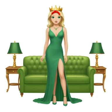 Queen, crown, blonde hair, green eyes, long green tight dress, decoltee,  Leg slit, whole Body, Background living room  sticker
