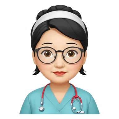 OLD ASIAN WOMAN WITH GLASSES, NURSE SCRUBS, HAIR BUN, BLACK HAIR, CHUBBY sticker