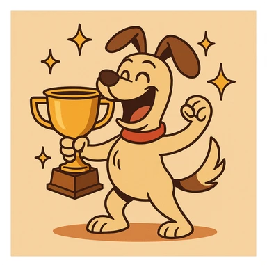 happy dog with a trophy, surrounded by shining stars, representing finding the best talent, cartoon style, energetic and proud sticker