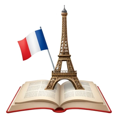 An icon featuring the Eiffel Tower and the flag of France, symbolizing the French language. The design includes an open book with French text, representing language learning and French culture. Transparent background highlights the elegance of the French-speaking world. sticker