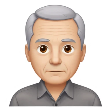 Close-up portrait of René Monclova. Light-skinned older man with round face and broad jaw. Short silver-gray hair with visible receding hairline. Warm brown eyes, thick eyebrows. Neutral expression. Wearing a dark button-up shirt. sticker