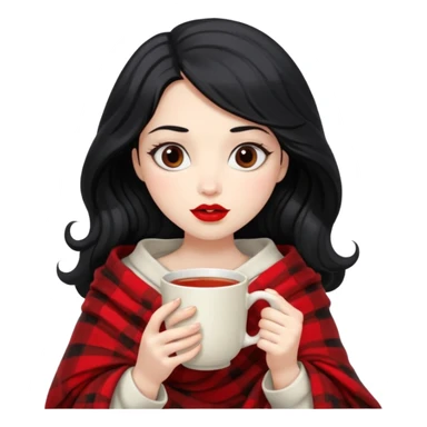 Long wavy Black haired, white skinned, dark big eyed girl with red lipstick wrapped in a blanket, sipping tea and reading a book sticker