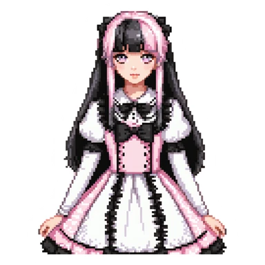 pale girl with straight long black and baby pink swirled hair with bangs, grey eyes, doll-like makeup, wearing a light pink lolita hime gyaru dress, pixel art style sticker