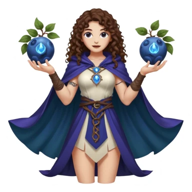 full body woman long curly brown hair brown eyes white skin tattoos muscular build blueberry forest mage cloak, glowing berry orbs floating sticker