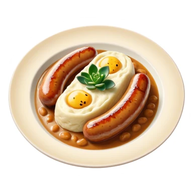Cinematic Realistic Bangers and Mash Dish Emoji, featuring succulent pork sausages paired with creamy mashed potatoes rendered with detailed textures and natural highlights that emphasize its robust, hearty flavor. sticker