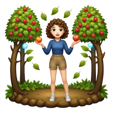 full body woman short curly brown mullet hair brown eyes white skin juggling glowing forest fruits sticker