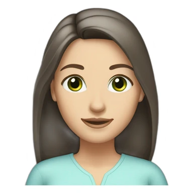 Caucasian woman, long straight dark brown hair, green eyes, wearing a light blue blouse, slight smile sticker
