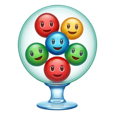 Cute 3D cartoon emoji style sticker of a 3 glass and ball game, glossy plastic texture, soft lighting, smooth shadows, playful expression, high detail, white outline sticker, transparent background (glass color green, red, & blue) sticker