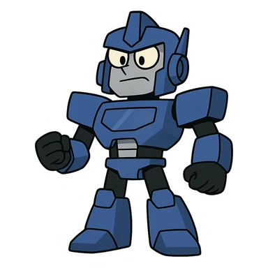simple cartoon transformer robot in royal blue, black, silver, animated look sticker