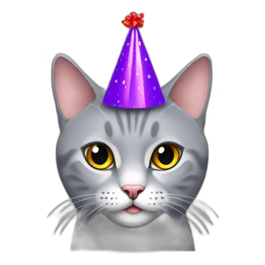 Grey British short hair cat wearing a party hat sticker