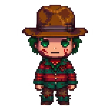 Freddy Krueger in pixel art style, chibi proportions, bright colors sticker