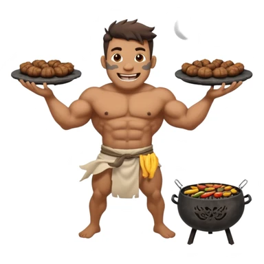 ork male master chef flipping huge kebabs on stone barbecue, muscular, loincloth or shorts, big tusked grin, smoke, centered emoji sticker