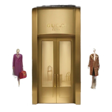 “Gucci store exterior with gold logo above entrance, large glass windows displaying luxury fashion, and elegant double doors.” sticker