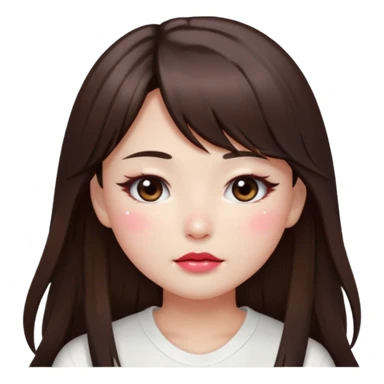 “japanese style Emoji brunette girl long hair with side bangs white top, dewy skin, heavy blush across cheeks and nose bridge, glossy cherry lips, soft eyeliner, teary sparkling eyes sticker