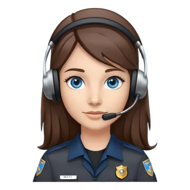 911 dispatcher dark gray uniform, blue eyes, long brown hair, head set sticker