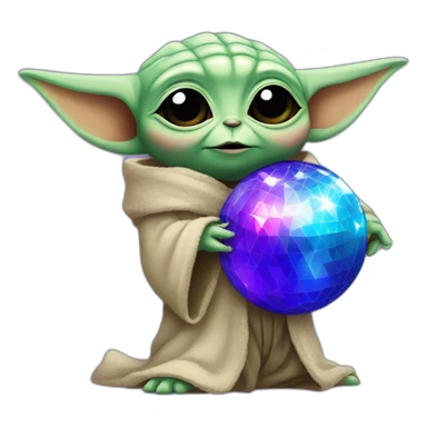 Baby yoda hugging a blue and purple disco ball sticker