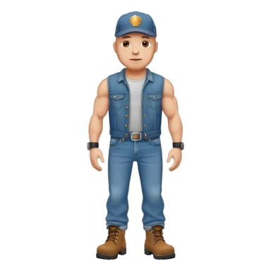 Full body muscle bound bald man in a trucker hat and denim jeans with work boots sticker