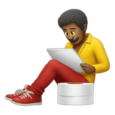yellow man wearing red shoes with toilet paper and an ipad sticker