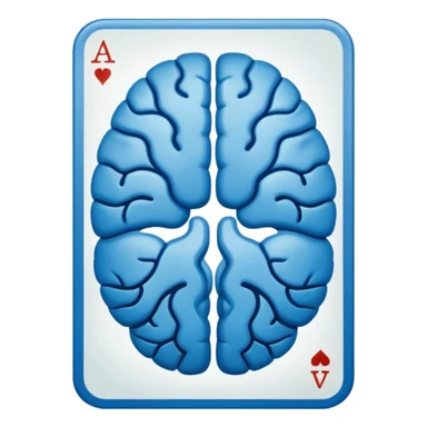 A highly minimalist, clean icon. The icon is a single playing card or tarot card, shown from the back side (face down). The card is oriented vertically (portrait). integrate a stylized, symmetrical human brain. Blue color sticker
