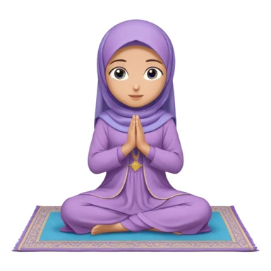 Turkish beautiful finish Konya muslim girl blue eyes with light purple color flower hijab long tail dress and sits on the pray mat namaz on the ground with dua  sticker