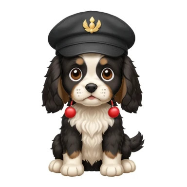 A black and white Russian Cocker Spaniel puppy wearing a cap, sitting sticker