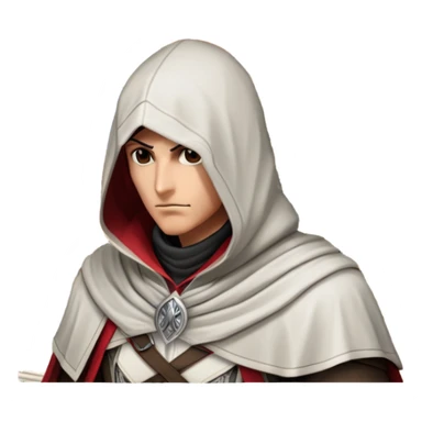 icon featuring Assasin's Creed in an iconic assassin's hood, standing tall against the backdrop of Florence. The design captures the essence of adventure, with intricate details of historical architecture and a sense of mystery. The character is poised, ready for action. transparent background. sticker