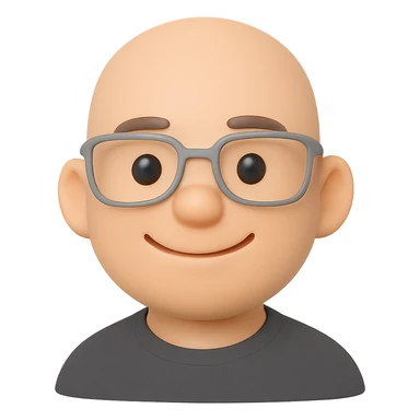 Create a 3D emoji-style portrait of the person in the foreground wearing glasses and a grey sweater, with a friendly expression. Focus on the face and upper shoulders. The style should resemble Microsoft 3D Fluent emoji. Transparent background. sticker