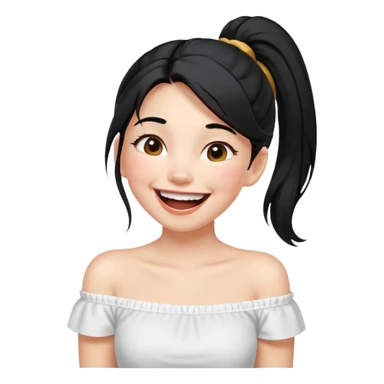 Cewe Ceria Kulit putih cerah, rambut hitam dikuncir dewasa Pakai off shoulder putih. Lagi ketawa lepas sticker