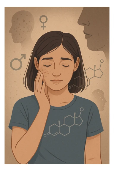 A young woman is surrounded by faint overlays of hormonal symbols and androgen molecules, with shadowy images of acne, facial hair, and oily skin projected around her, symbolizing the symptoms of PCOS with androgen excess. She looks down, gently touching her face with a resigned but hopeful expression, symbolizing her journey toward managing these symptoms. in italiano sticker