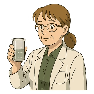 middle-aged science teacher, light brown hair in ponytail with bangs, brown eyes, holding a beaker sticker
