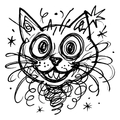 chaotic outlined icon of a cat with exaggerated, wild features sticker