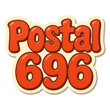 Change the text to 'Postal 696' in the same extra puffy, shiny orange and red bubble letter style, whimsical and lighthearted. Keep the background transparent. sticker