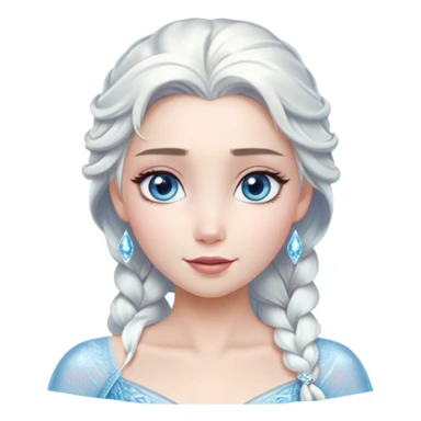 Cinematic Serene Snow Queen Portrait Emoji, rendered in a simplified vector style. Depict a gentle Elsa (chest and above) with delicate icy skin, softly cascading platinum hair, and calm, reflective blue eyes, dressed in her classic ice-blue gown. The image exudes a soft, luminous frosty radiance with high shine and a subtle glowing outline. sticker
