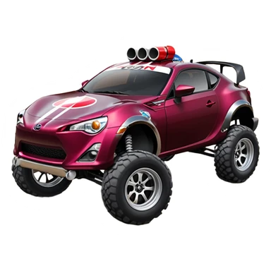 Extended wheelbase 2013 scion fr-s dark black cherry off road 4wd monster Baja dessert stadium racer number 86 with long travel suspension, shiny silver wheels, exaggerated black fender flares made out of Pepsi cans  sticker