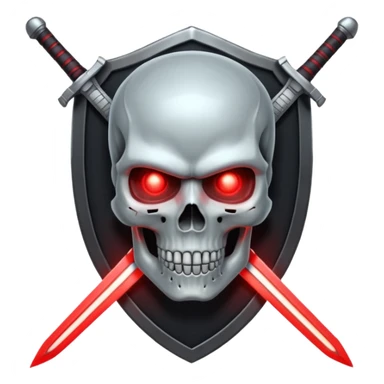Sci-fi shield badge, terminator style skull, glowing red eyes, crossed futuristic sword energy, starwars light sable, no background sticker